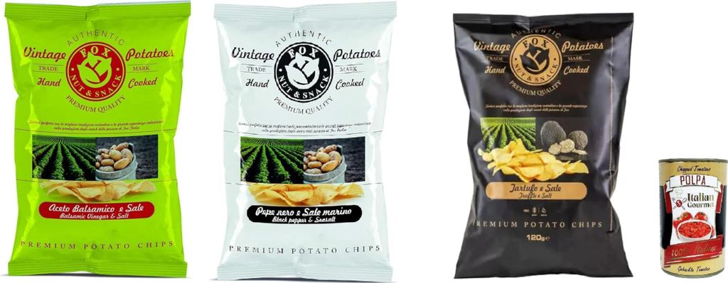 FOX Natural Quality Vintage Potatoes Test set, italienische handgefertigte Kartoffel crisps chips 3x 120g + Italian Gourmet polpa 400g