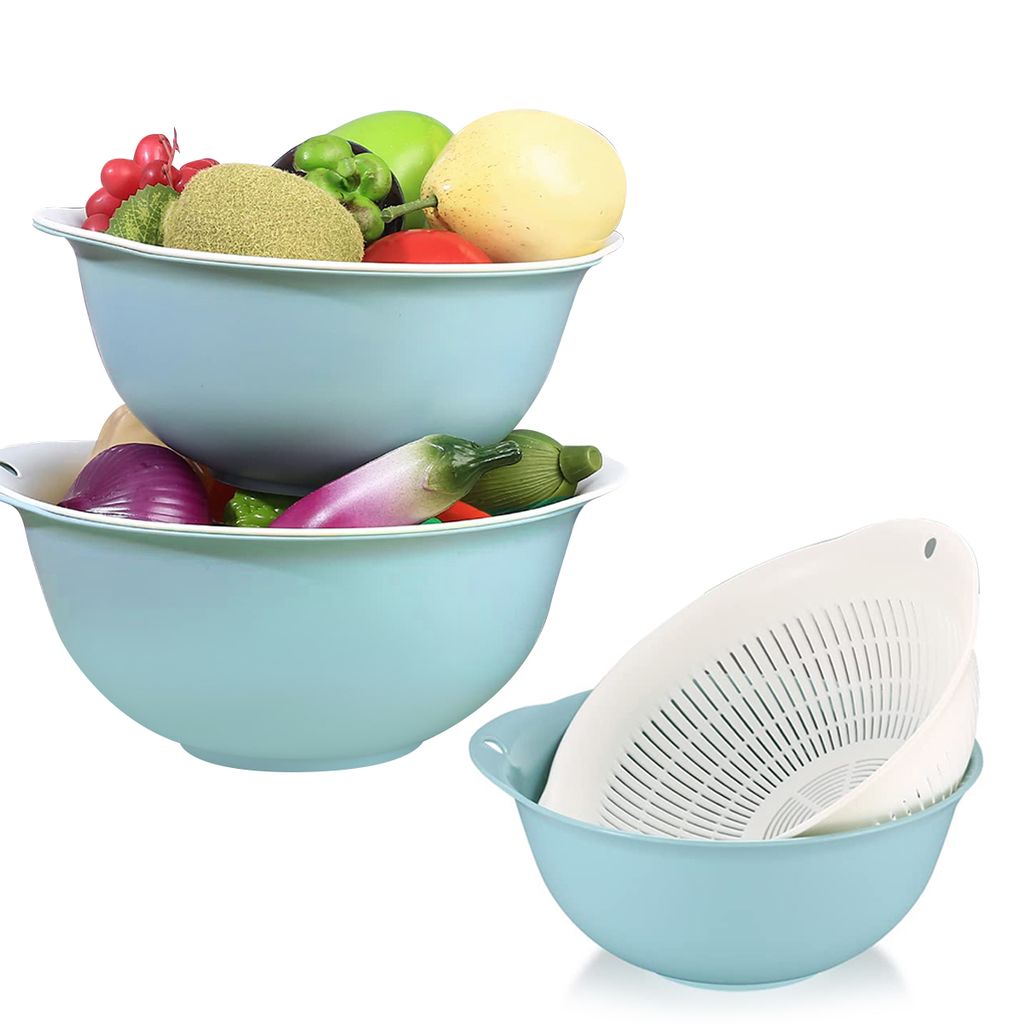 2-in-1 Küchensieb mit Abfluss,3er Set doppellagige Seiher Schüssel für Gemüse, Obst, Reis und Nudeln (Blau)