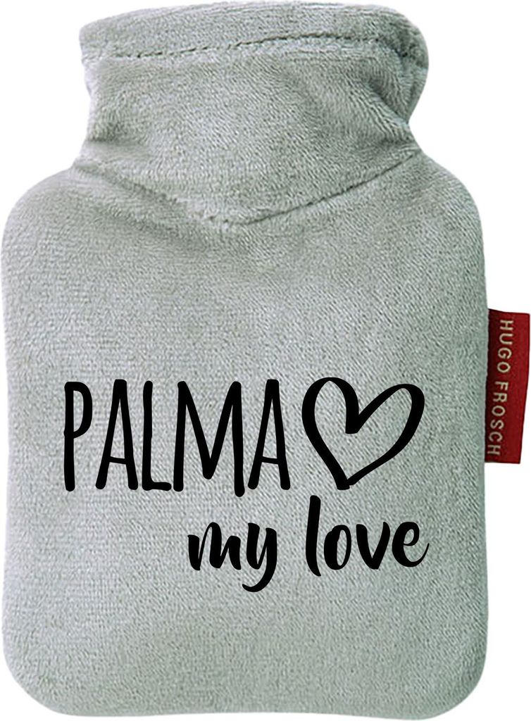 Huuraa Mini-Wärmflasche Palma my love 0,2 Liter Grey Mini Veloursbezug Taschenwärmer Geschenkidee