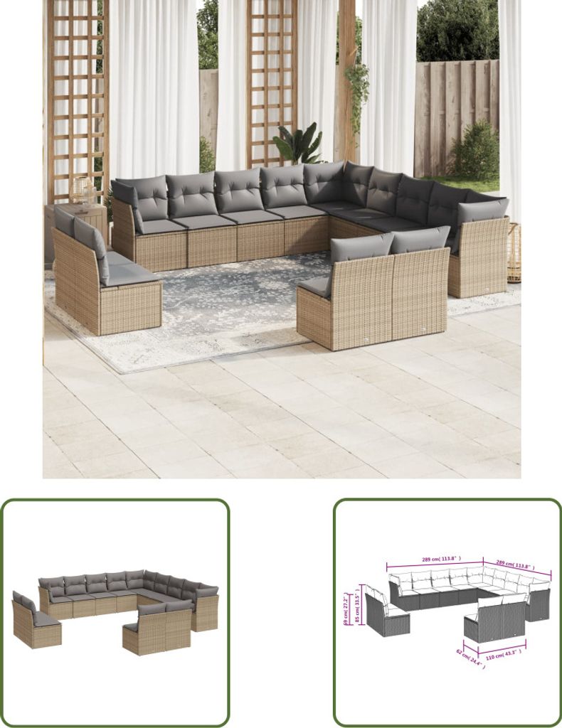 The Living Store 13-tlg. Garten-Sofagarnitur mit Kissen Beige Poly Rattan