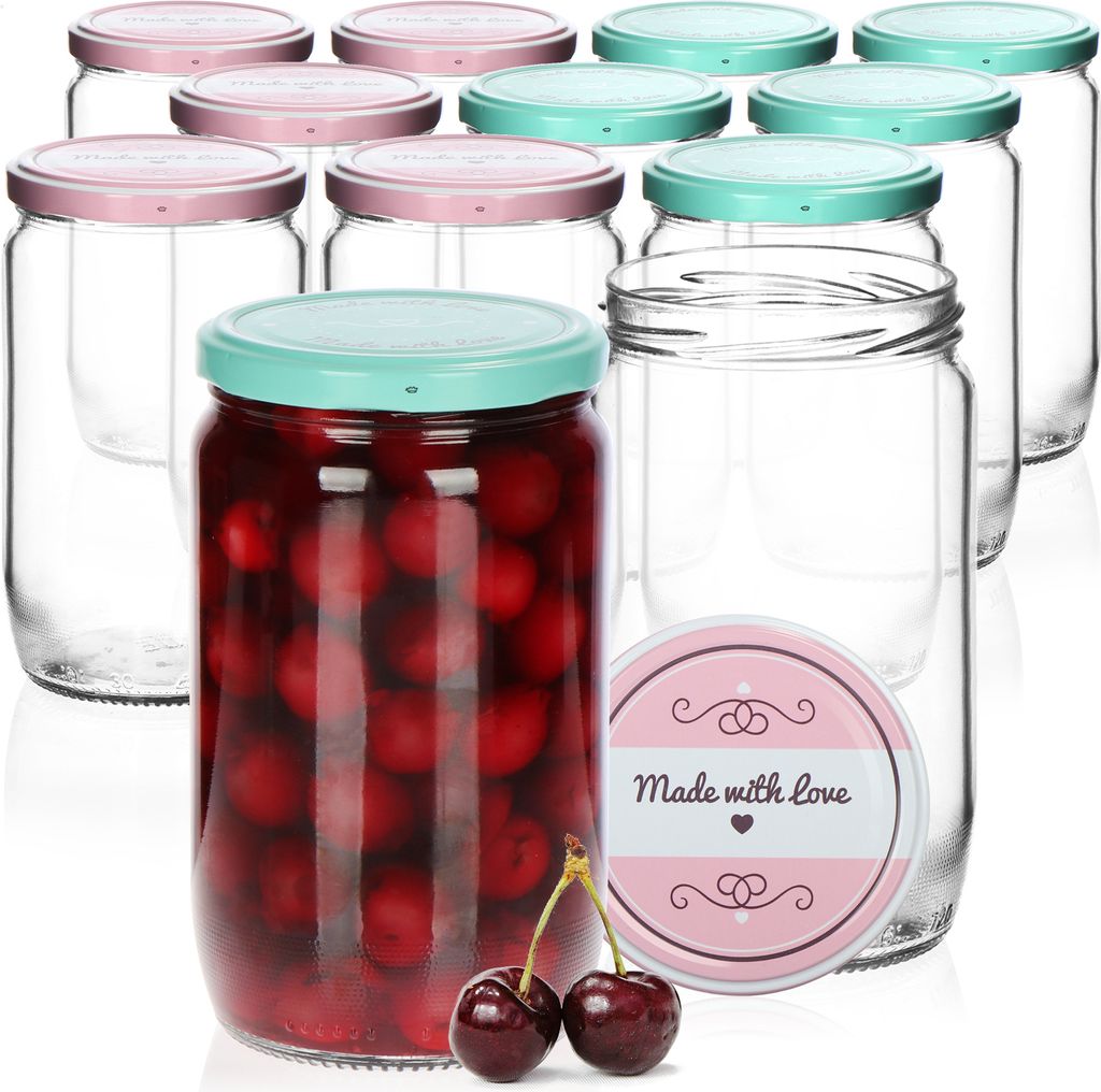 com-four 12x Einmachgläser mit Schraub-Deckel "Made with love" in grün und rosa - TO Ø 82 mm - empfohlene Füllmenge ca. 650 ml - bis Glasrand...