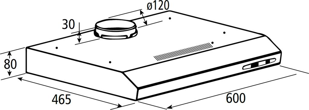 Technical drawing of a range hood with dimensions.