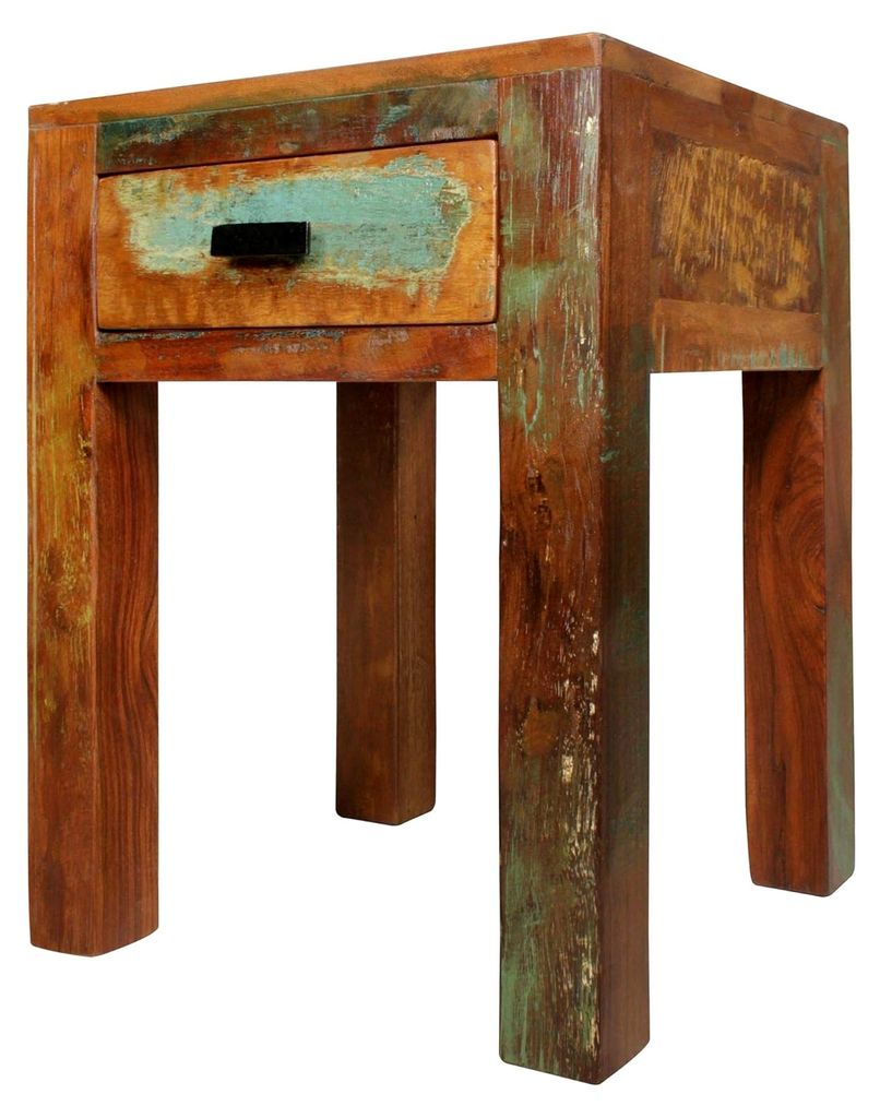 Nachttisch aus massivem Mango-Holz im Shabby Chic Design mit Schublade – Kleiner Beistelltisch für Schlafzimmer oder Wohnzimmer, handgefertigte ...