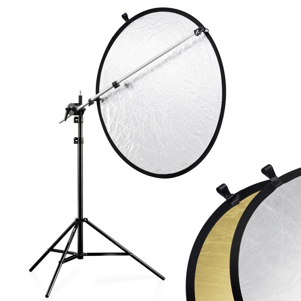 Walimex Reflektorhalter-Set silberfarben/goldfarben Ø 100 cm bis 4 kg belastbar, mit Lampenstativ, Halterung und Faltreflektor