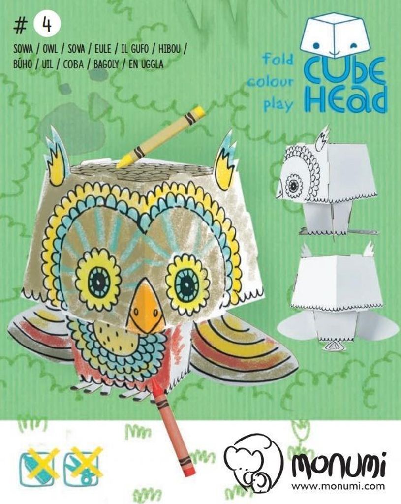 Würfelkopf. Eule. Zusammenbauen und ausmalen
