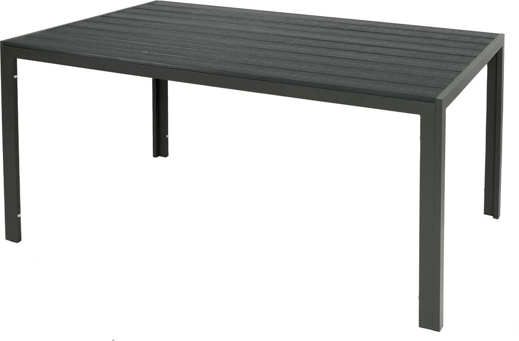 A dark grey rectangular outdoor table with a slatted top and four legs, presented against a white background.