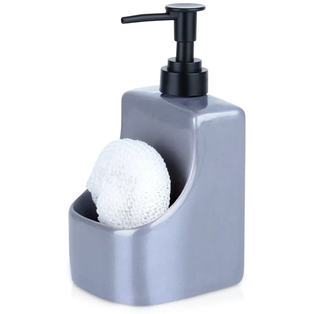 Distributeur savon cuisine anti-gâchis avec support éponge gris et noir