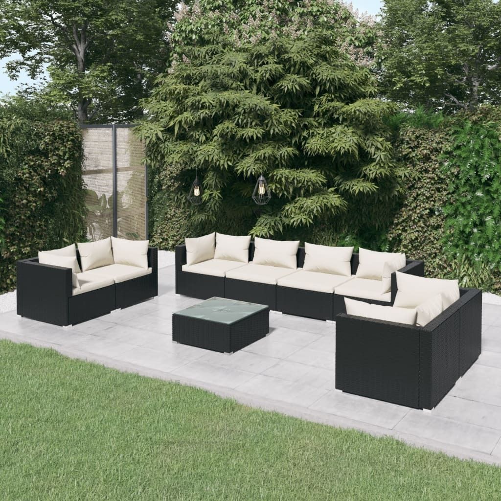 Möbel 9-tlg. Garten-Lounge-Set mit Kissen Poly Rattan Schwarz - Balkonmöbel 3102287