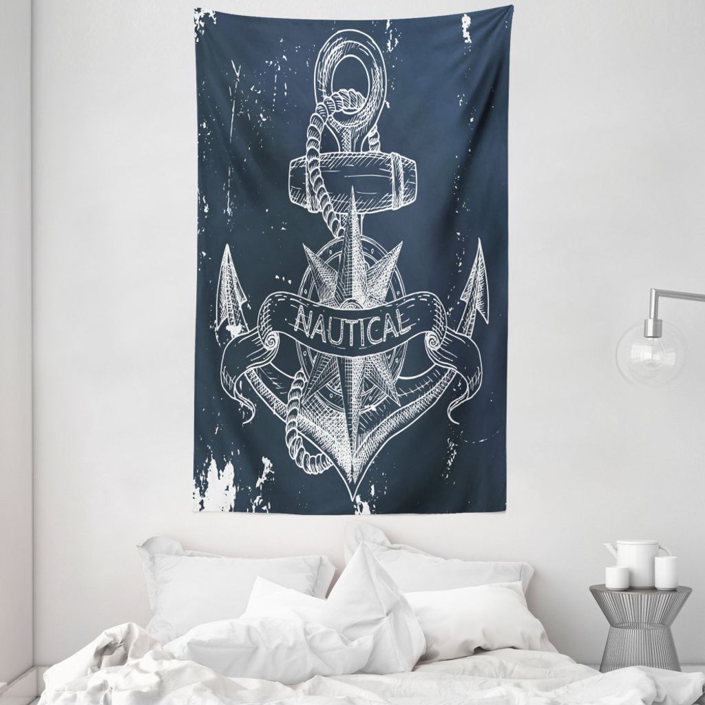 ABAKUHAUS Nautisch Wandteppich und Tagesdecke, Knot Anker Kompass aus Weiches Mikrofaser Stoff Waschbar ohne Verblassen Digitaldruck, 140 x 230 cm,...