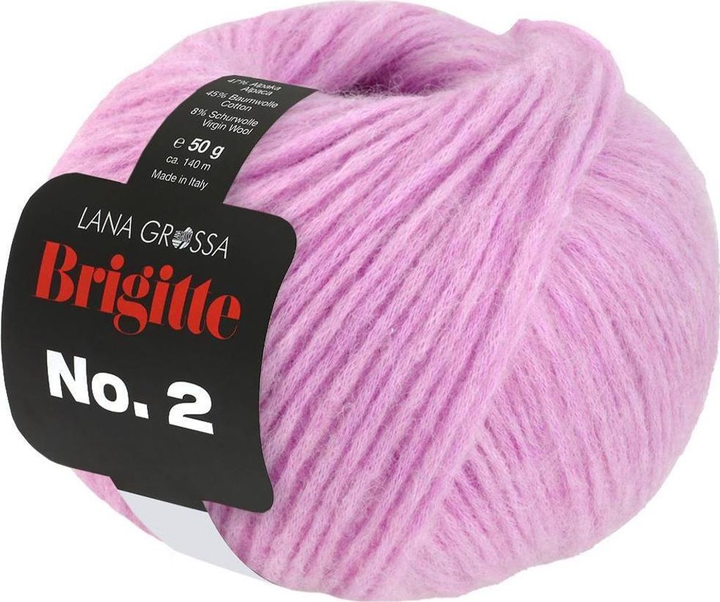 A ball of pink yarn with a black label.