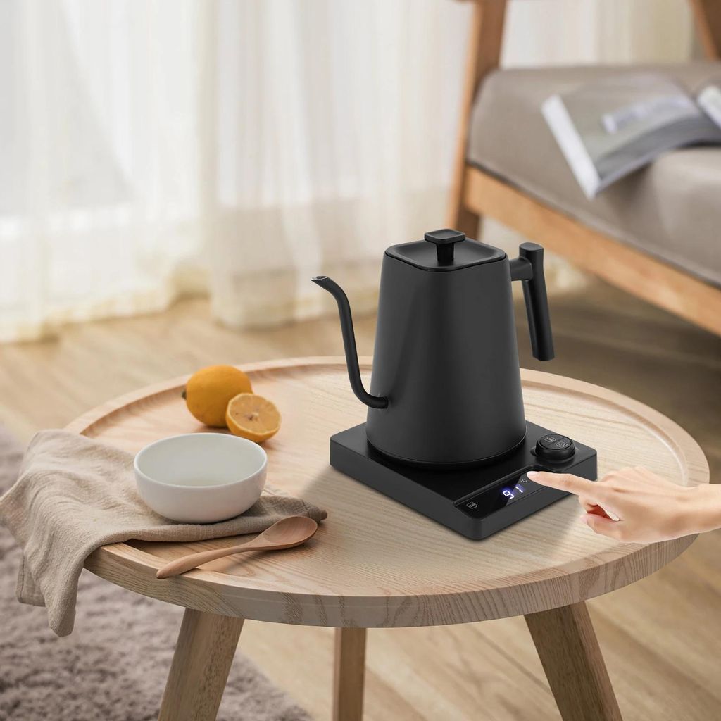 Elektrischer Gooseneck/Schwanenhals Wasserkocher 1 l - Temperaturregelung - Warmhaltefunktion - Edelstahl - Für Kaffee & Tee - Schwarz