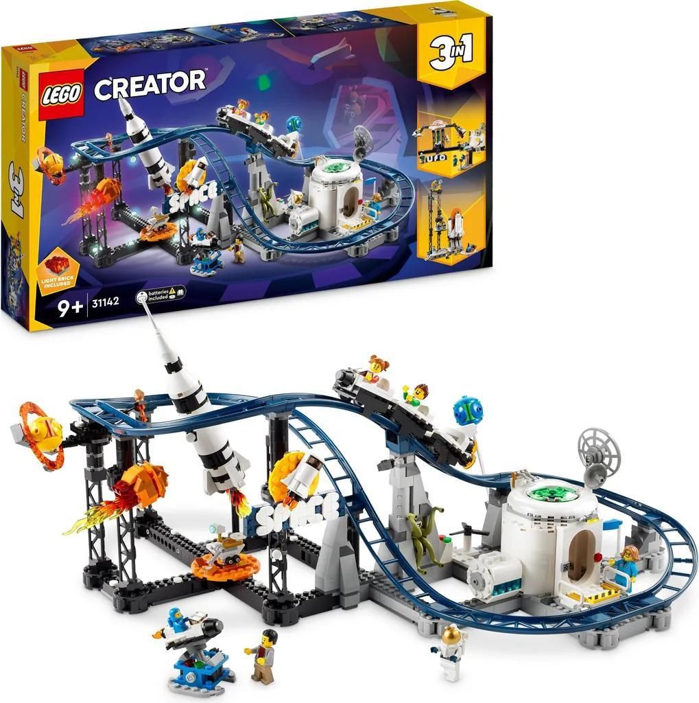 LEGO Creator Weltraum-Achterbahn 31142, 3-in-1 umbaubar zu Freifallturm oder Raketen-Karussell, mit funktionierenden Wägen und leuchtenden Steinen