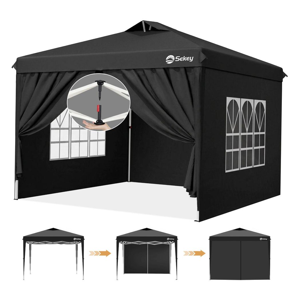 Sekey Faltpavillon 3x3 m Pop Up Gartenpavillon wasserdicht winterfest inkl 4 Seitenteilen Partyzelt für Garten Terrasse, Schwarz