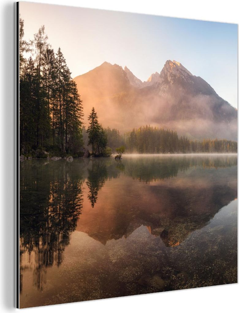 MuchoWow Wanddekoration Metall Metallbild Wandkunst 50x50 cm Landschaft - Nebel - Wasser - Bäume MuchoWow Aluminium Gemälde - Alubild - Industrial