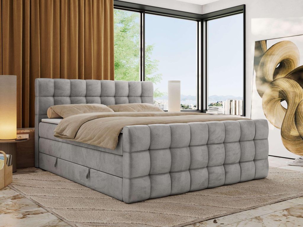 MKS MEBLE Boxspringbett mit Stauraum ALTIVO KING DUO 120x200 Bett mit Fußteil Multipocket-Matratze H3 Polsterbett für das Schlafzimmer - Hellgrau...
