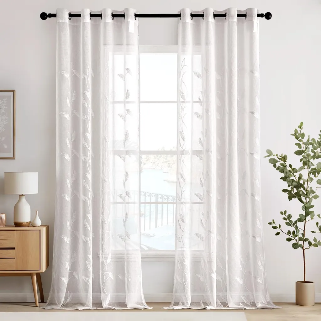 Rideau voile brodé feuilles d'or lot de 2 panneaux beige 245 x 140 cm