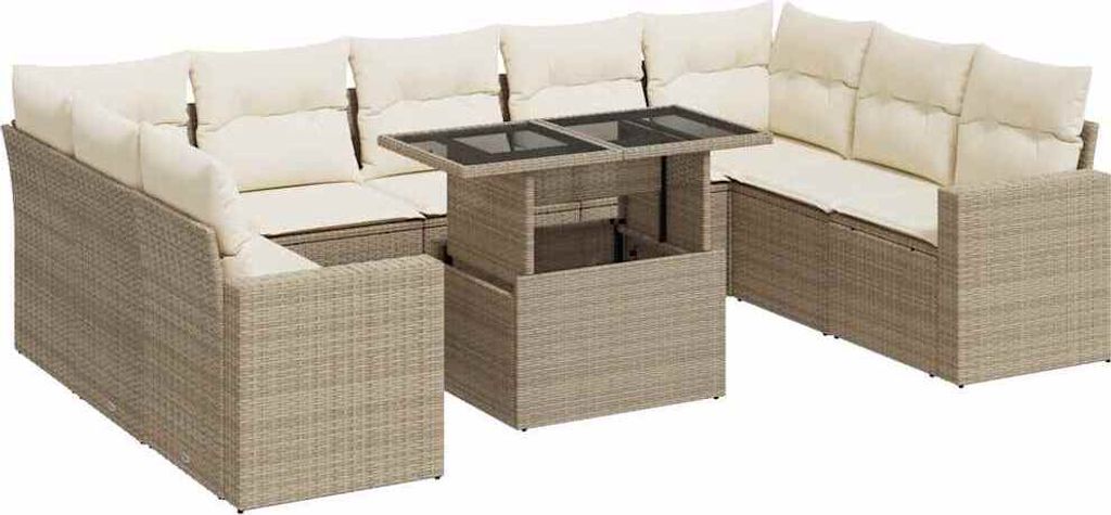 vidaXL 10-tlg. Garten-Sofagarnitur mit Kissen Beige Poly Rattan