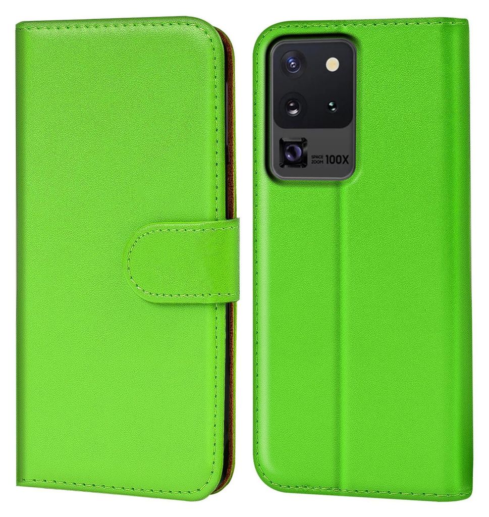 A bright green book-style phone case is shown open and closed, revealing the inside and the phone it protects.