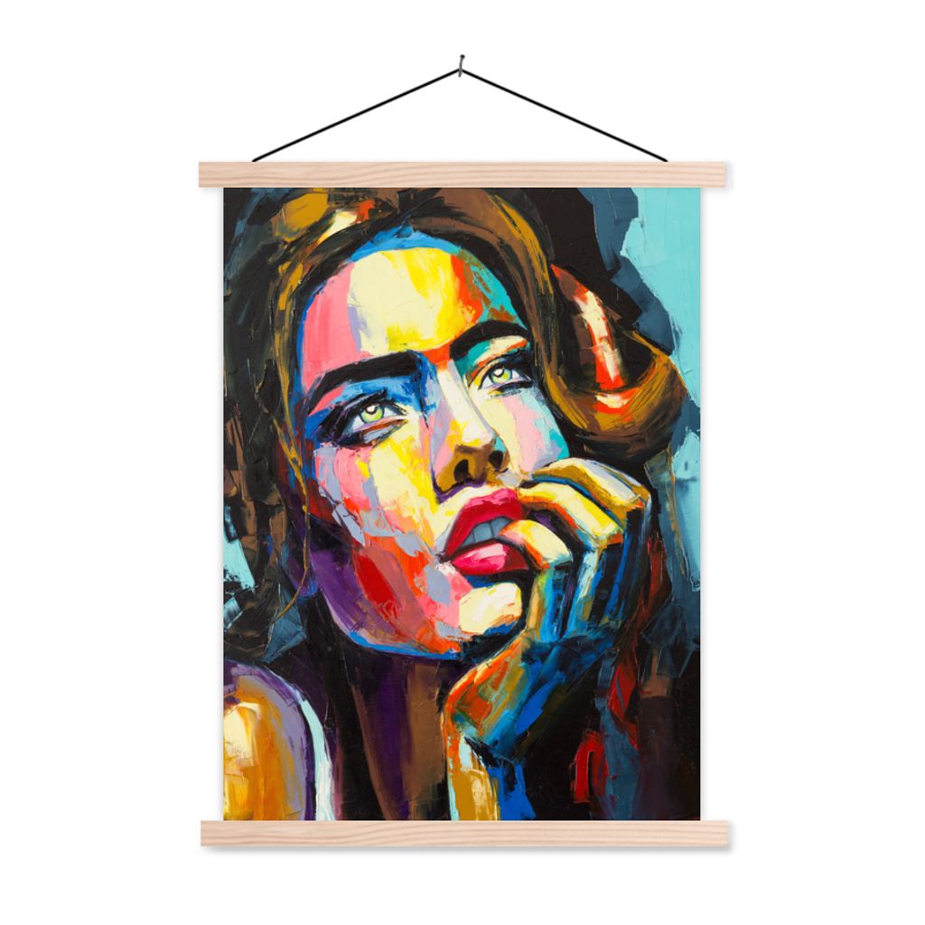 MuchoWow Textilposter Gemälde - Frau - Farben - Ölfarbe 60x80 cm mit holzfarbenen Rahmen - Wandbild
