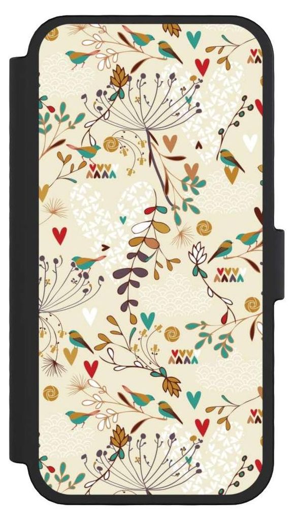NIVOCASE Klapphülle für Apple iPhone 16 Pro Handyhülle aus Kunst Leder NIVOflip schwarz Blumen Retro Vogel