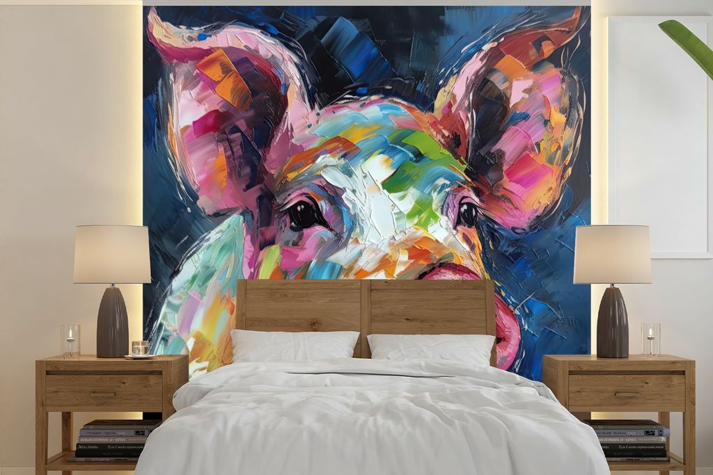 MuchoWow Fototapete für Wohnzimmer oder Schlafzimmer Wandtapete Vinyl Motivtapete Schwein - Ölfarbe - Tiere - Kunst - 300x300 cm - Wanddekoration