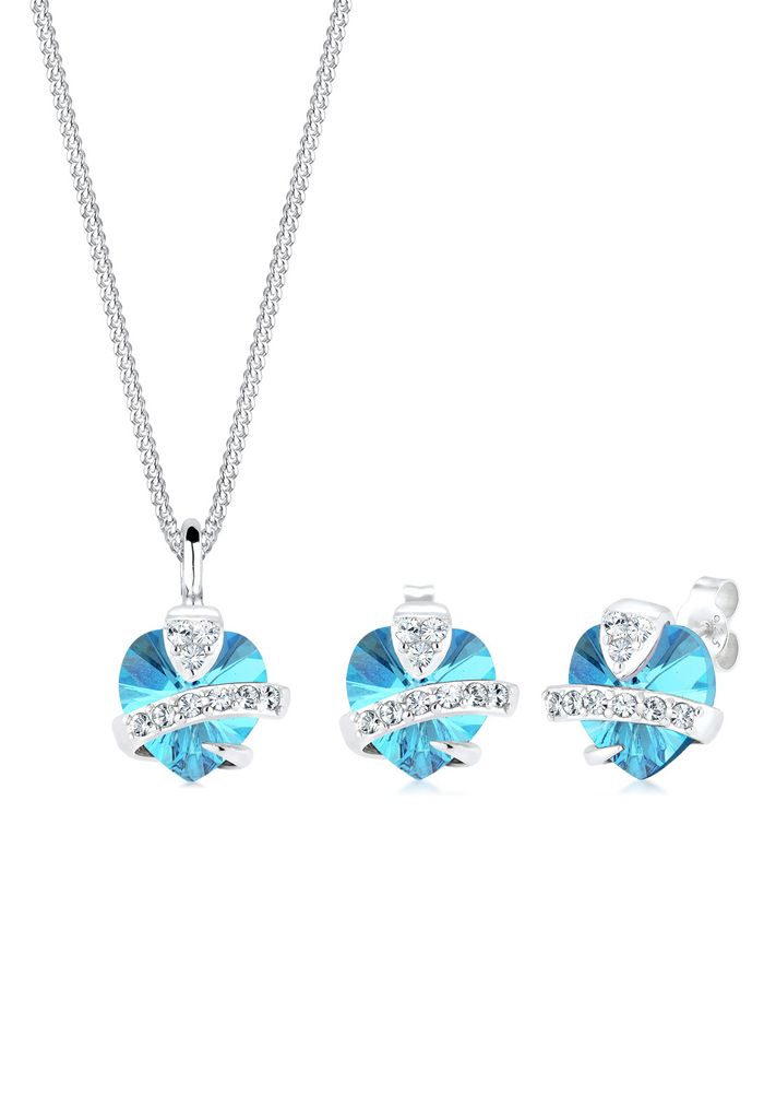 Elli Schmuckset Herz Glamourös Kristalle 925 Silber Hellblau