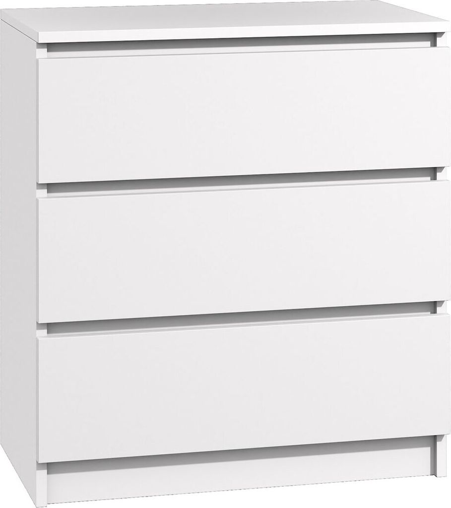 A white, three-drawer dresser against a white background.