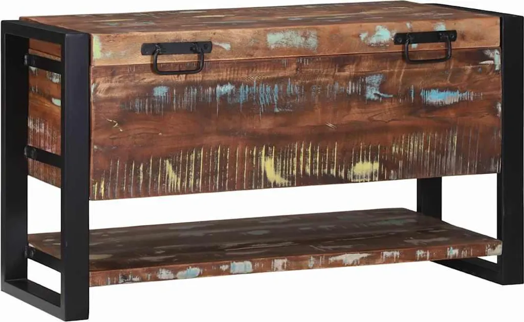 Malle en bois massif de récupération 80cm - Design artisanal coloré