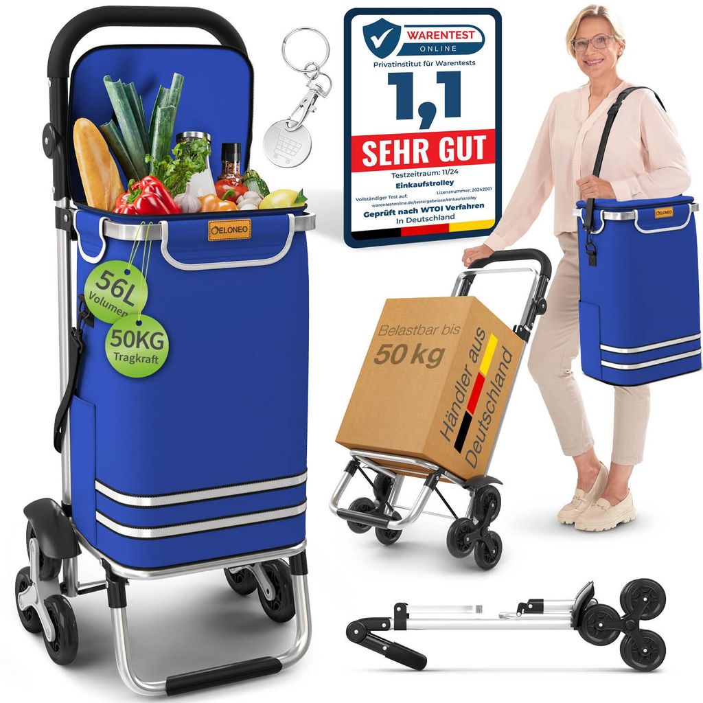 ELONEO Einkaufstrolley Treppensteiger mit Kühlfach, Einkaufsroller klappbar, Shopping Trolley höhenverstellbar, abnehmbare Tasche 56 L - Blau