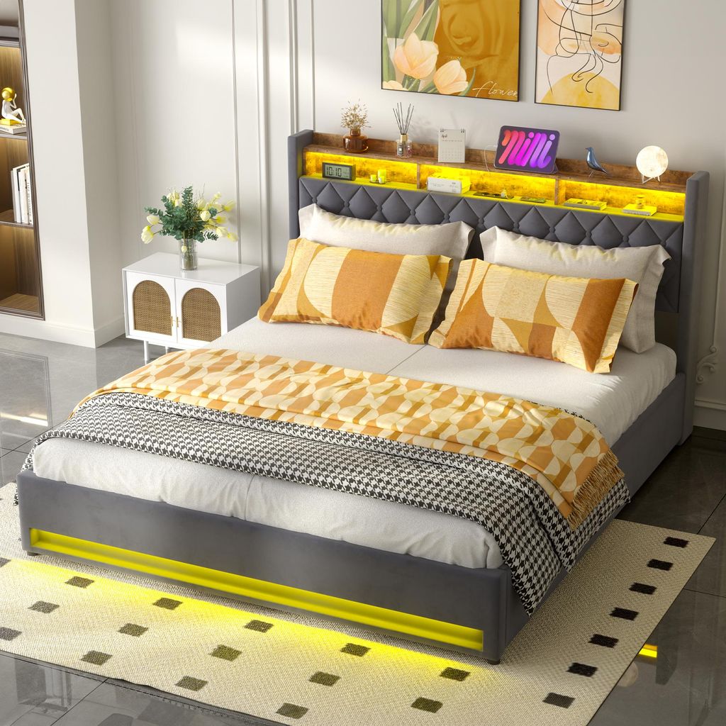 STILVORA Jugendbett 180×200Polsterbett mit USB Steckdose mit Kopfteil & Stauraum Funktionbett Grau(ohne Matratze)
