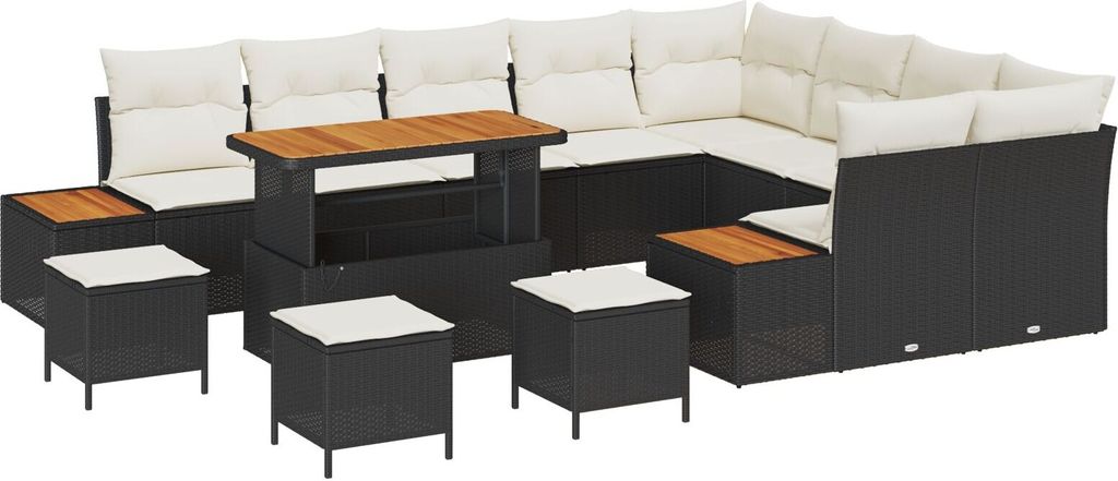 Möbel 13-teilige Garten Sofa Set mit Kissen Schwarz Poly-Rattan Akazie, 4-teiliges Garten Esszimmer Set mit Kissen Schwarz Poly-Rattan Akazie - Ga...