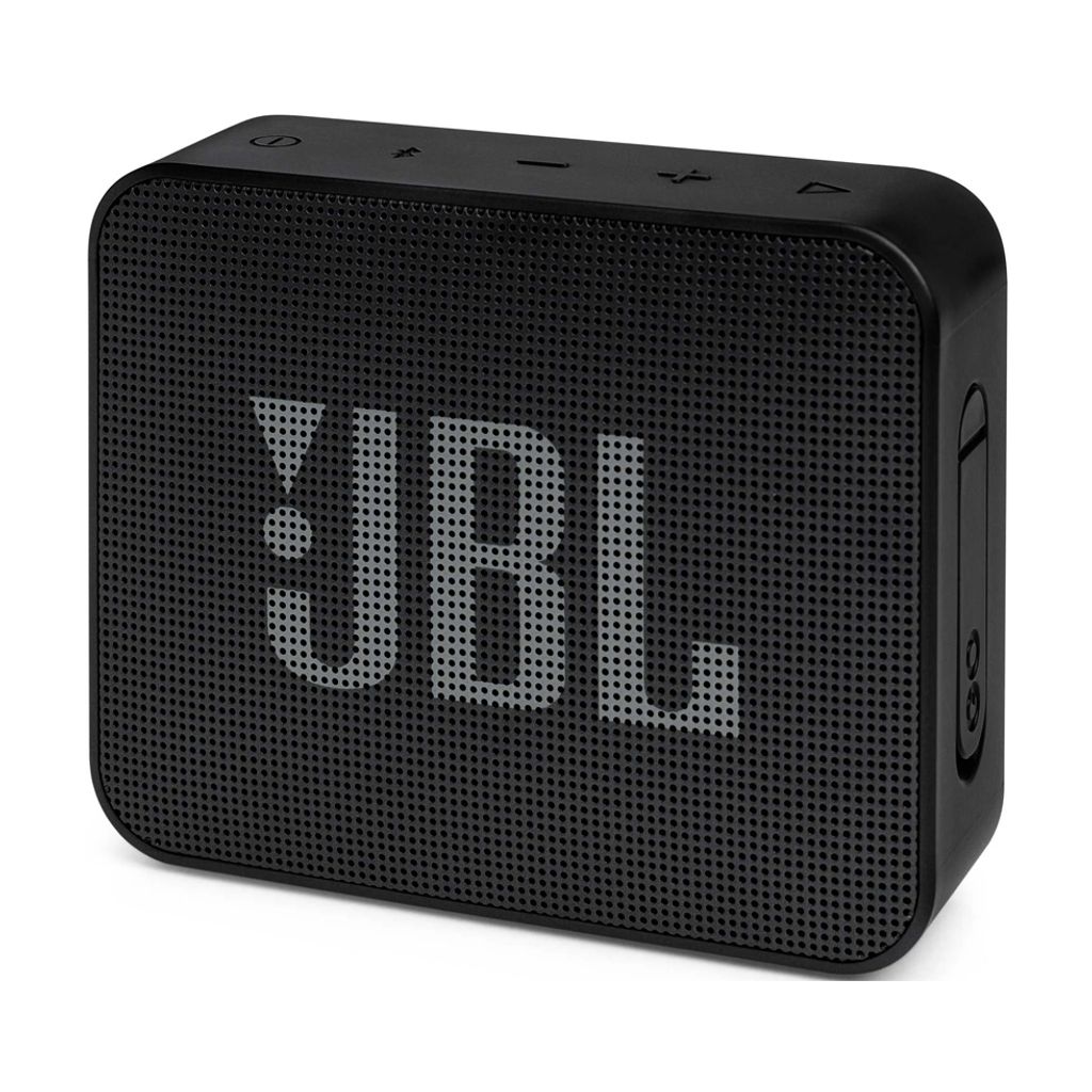 A black JBL GO Essential portable speaker is shown against a white background.
