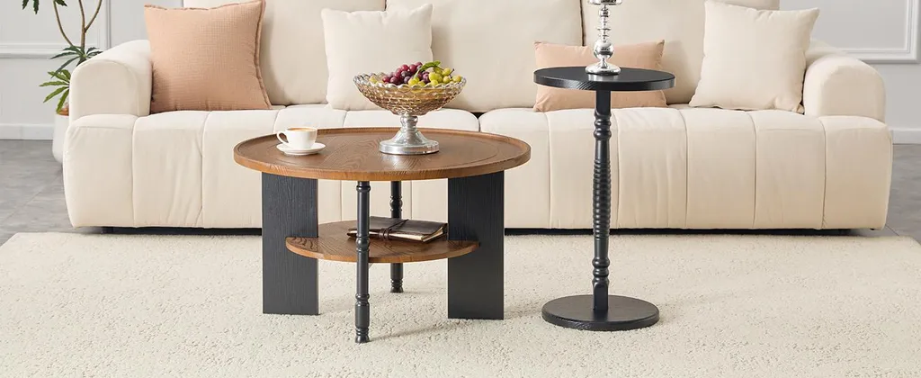 Table basse ronde 80cm avec rangement et table d'appoint en bois - 8