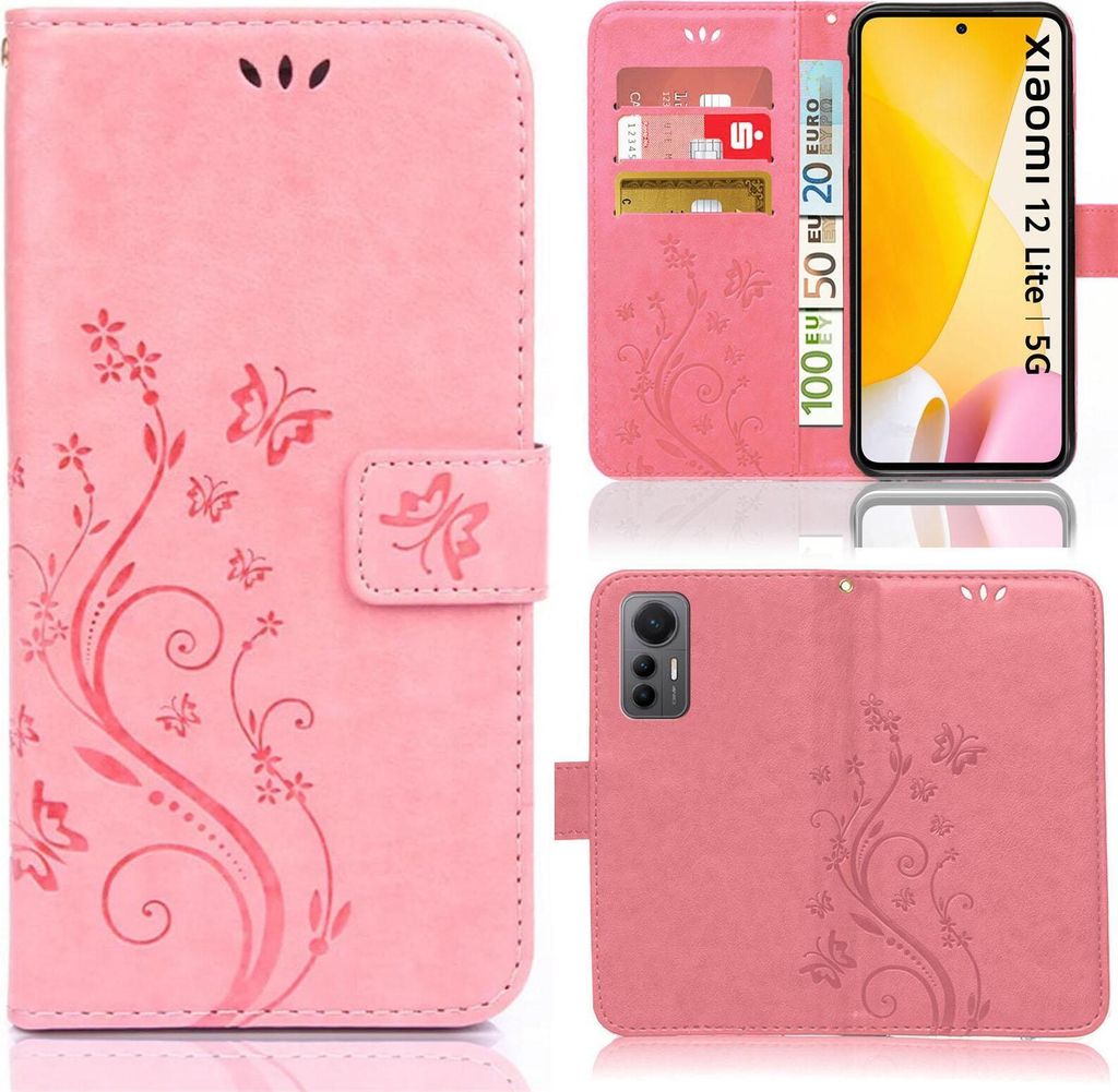 Handy Tasche für Xiaomi 12 Lite Schutz Hülle Handyhülle mit Blumenmuster Klapp Hülle mit Standfunktion und Kartenfächer Rosa