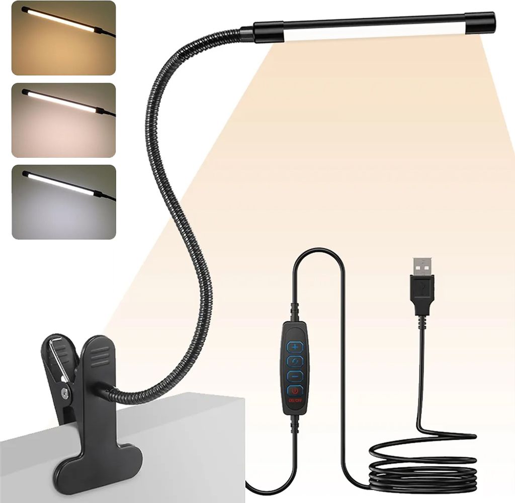 LED Schreibtischlampe mit Klemme BxH:27x39cm, USB Klemmlampe Bett Klemmbar, 10 Dimmstufen Speicherfunktion, Schwanenhals Lampe Homeoffice Schreibtisch