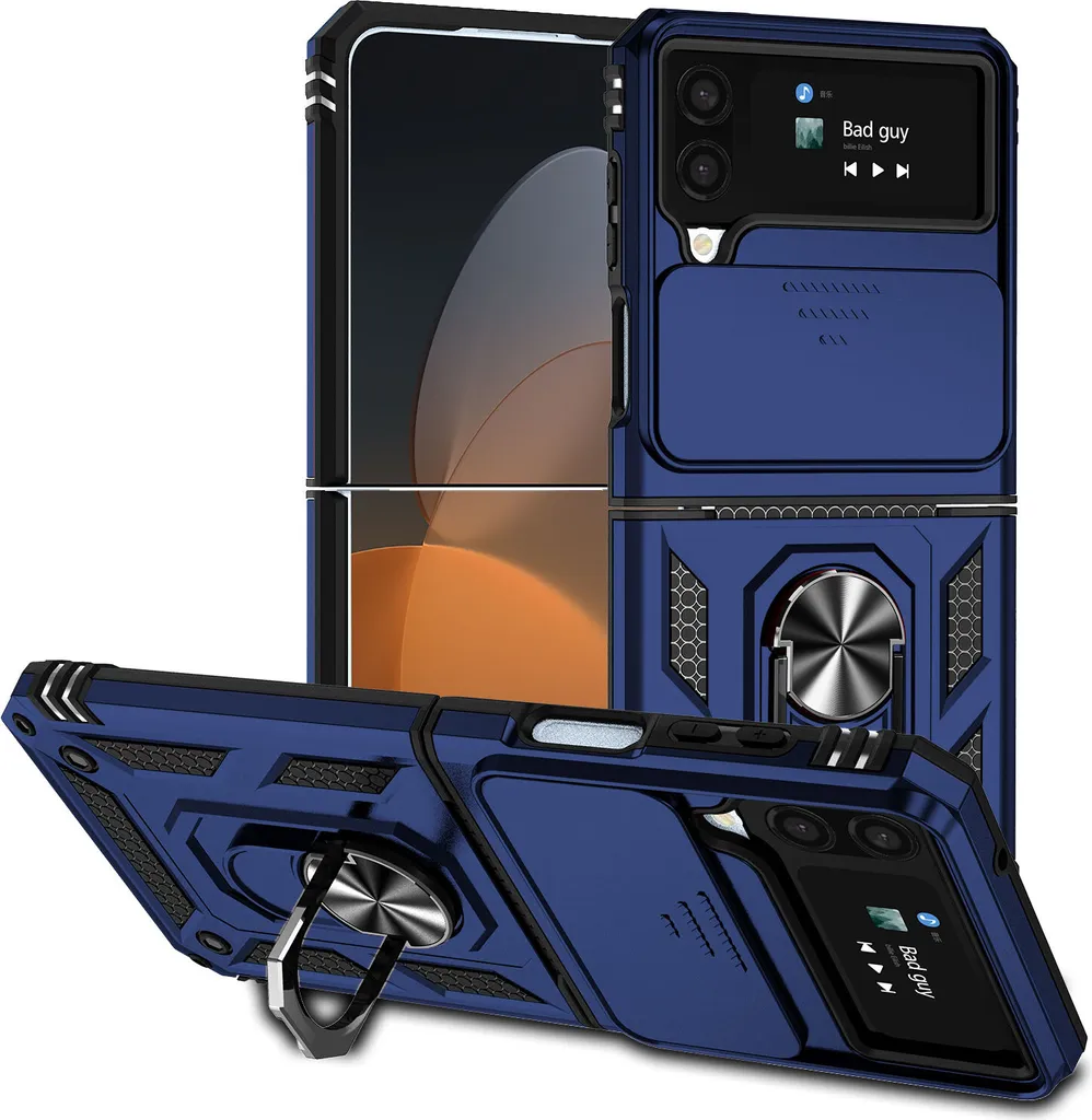 Cover Galaxy Z Flip3 Blu: Protezione Militare con Slide Camera e Ring