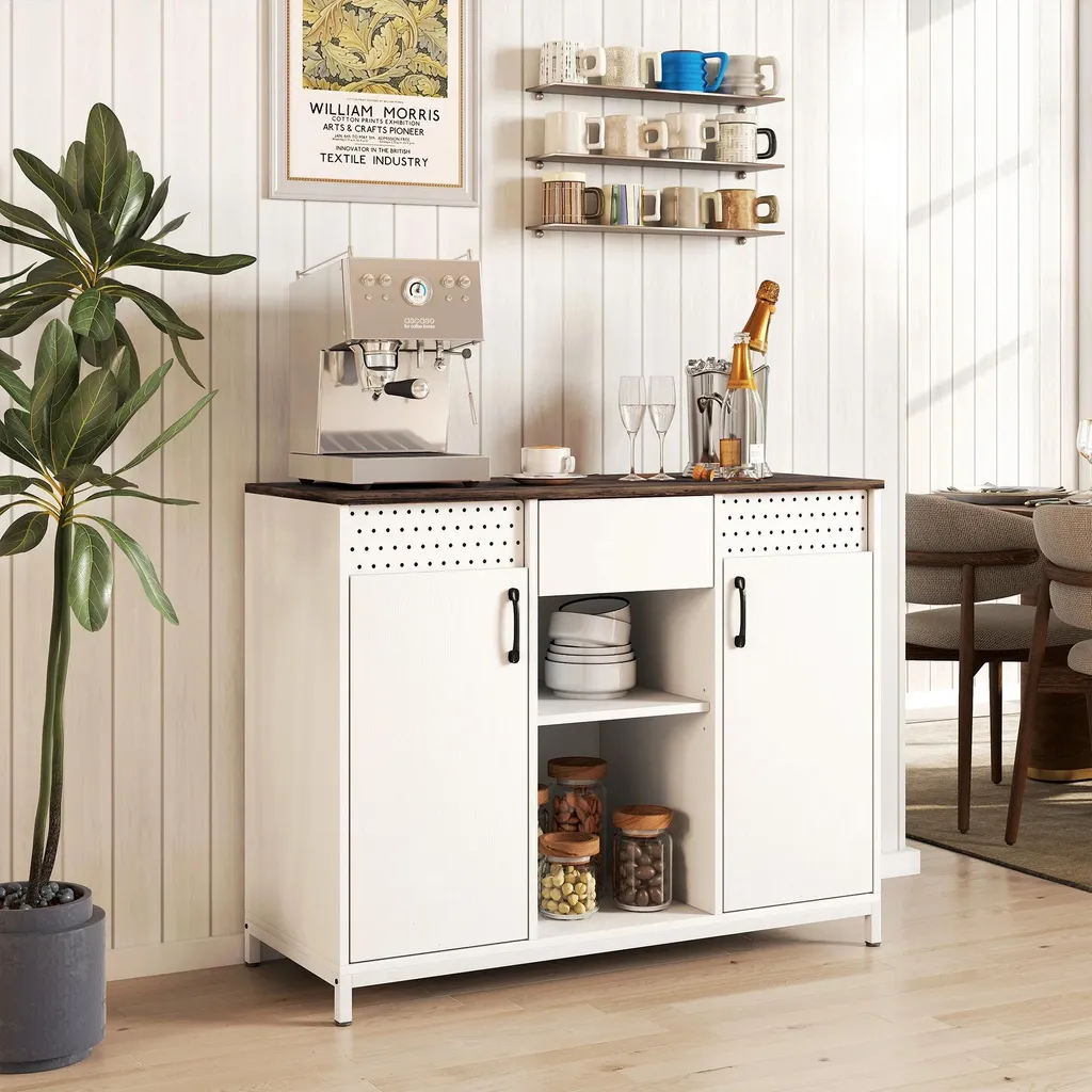 Sideboard Commode Blanc en Mélamine avec Tiroir et Portes Ajustables