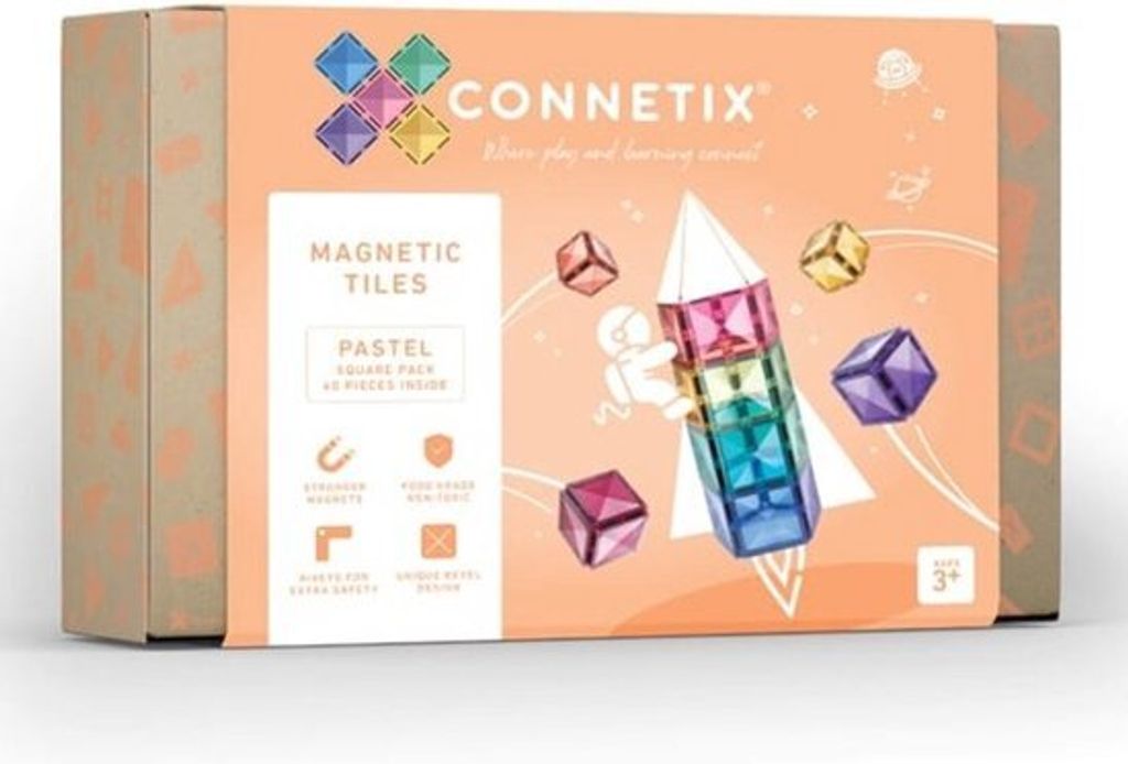 The image shows the packaging of Connetix Magnetic Tiles in a pastel square pack.