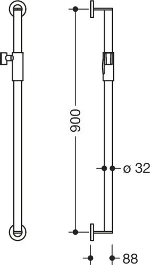 HEWI Brausehalterstange, Edelstahl, schliff, Achsmaß 900 mm, D: 32 mm, mit magnetischem Brausehalter, in HEWI Farbe 90 (Tiefschwarz)
