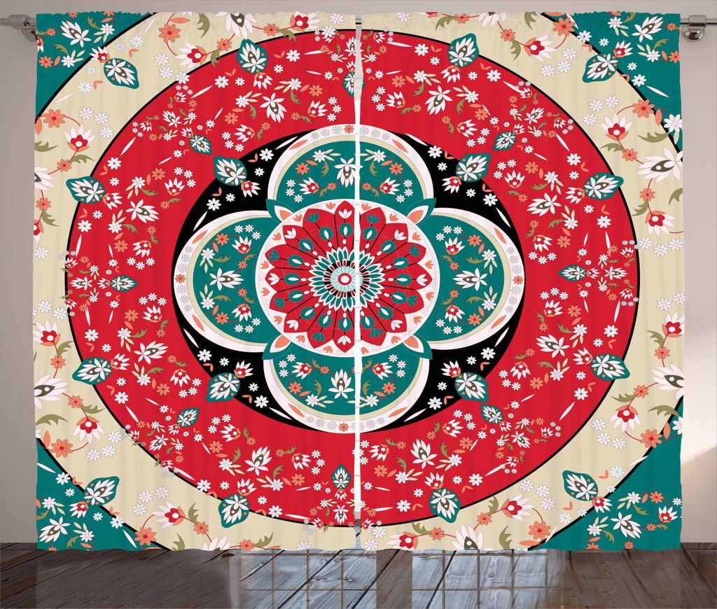 ABAKUHAUS Türkisch-Muster Rustikaler Gardine, Kreise blüht, Schlafzimmer Kräuselband Vorhang mit Schlaufen und Haken, 280 x 225 cm, Mehrfarbig