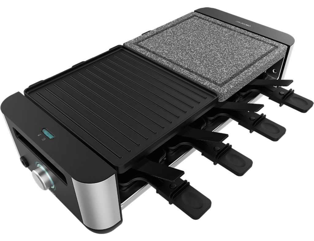 Käse-Raclette und Grill von 1400 W mit oberem grill mit 2 Platten und Edelstahl-Ausführung.