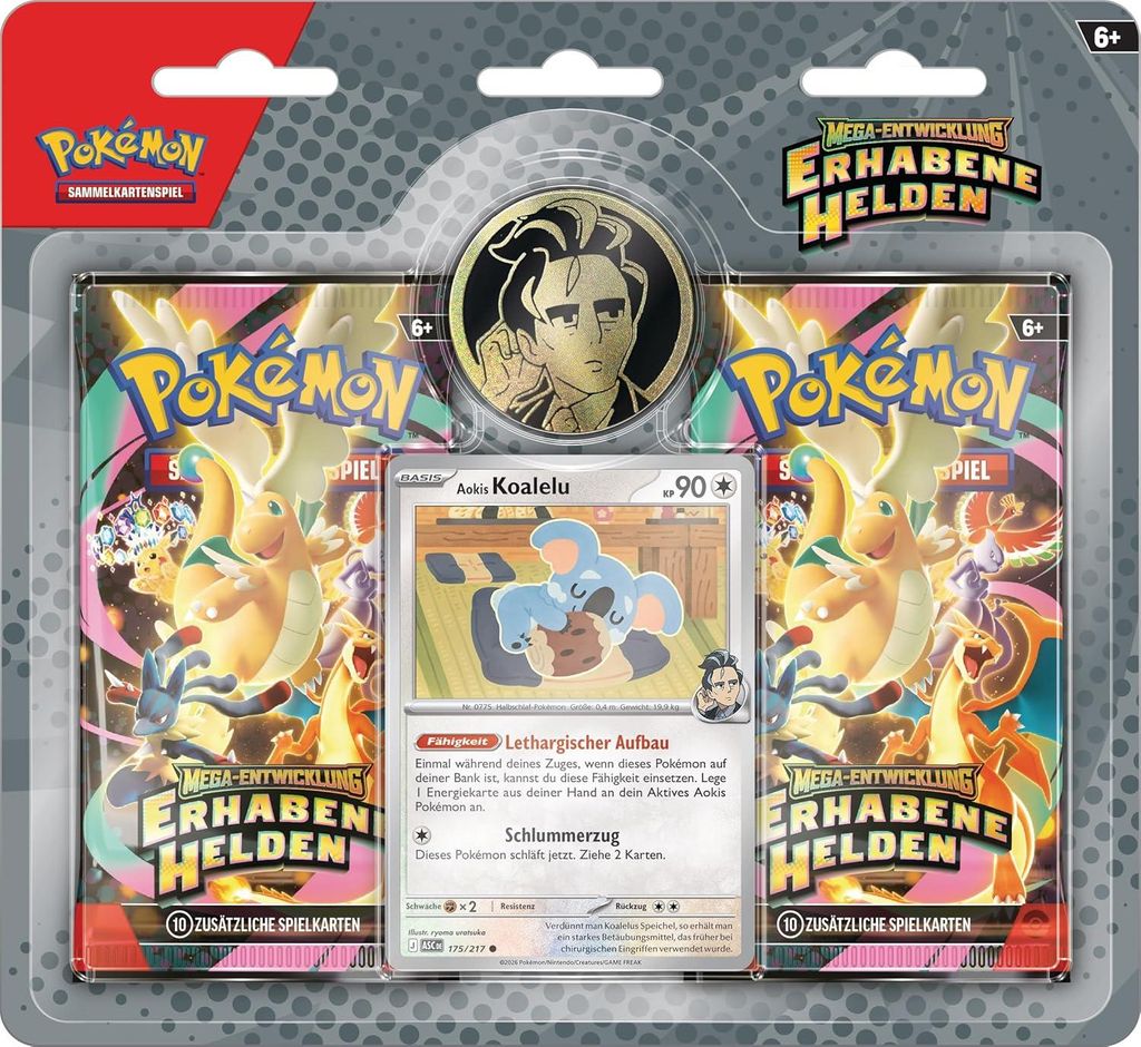 A product package for a Pokémon trading card game set, featuring booster packs, a coin, and a trading card.