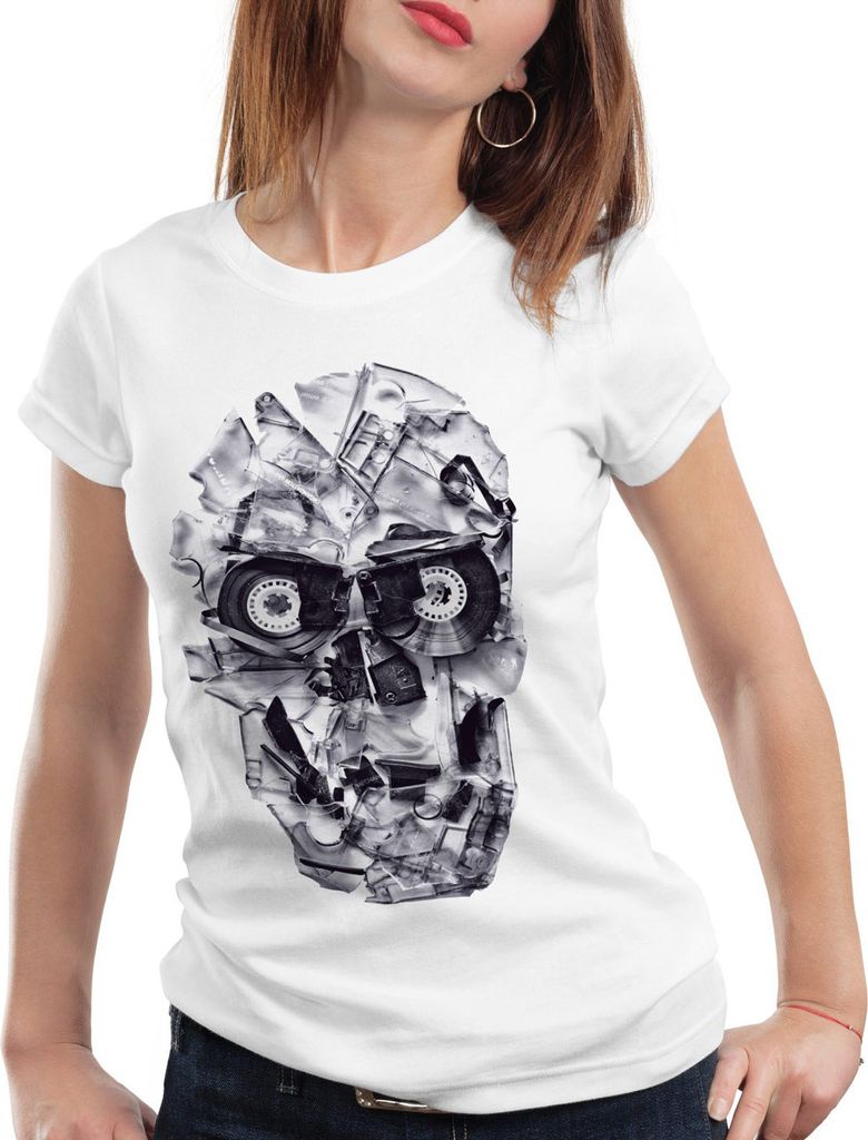 style3 DJ Skull Damen T-Shirt Tape 80er tape 80er kassette totenkopf, Farbe:Weiß, Größe:S