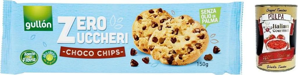 Gullón Choco Chips Senza Zuccheri,Kekse mit Schokoladenstückchen Zuckerfreie,Packung mit 150g + Italian Gourmet Polpa di Pomodoro 400g Dose