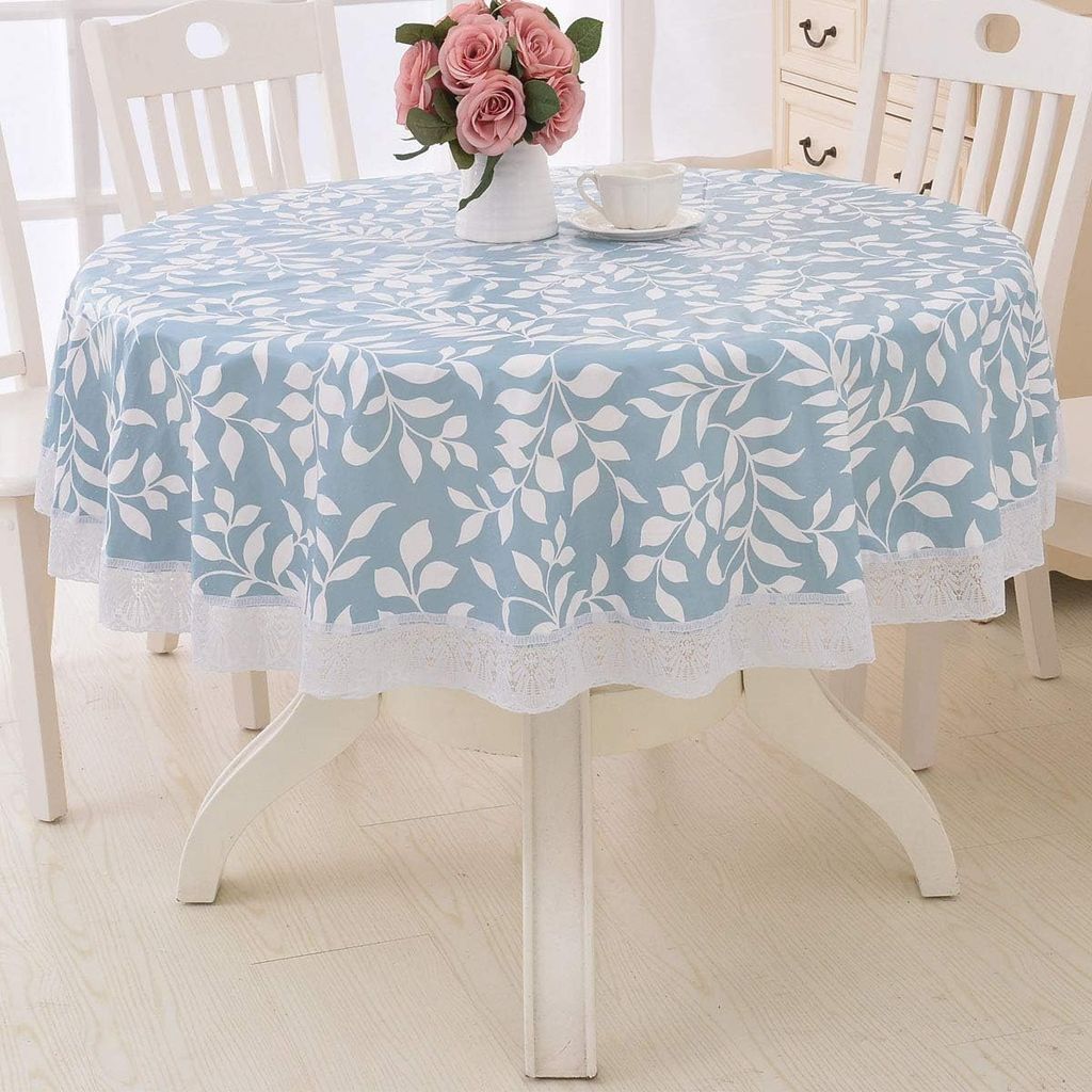 Tischdecke Rund Motiv Tischtuch Abwaschbar Wasserdicht für Küche Garten Modern,(Blue Leaf)