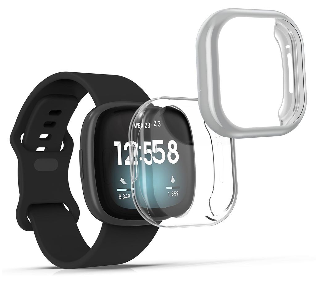 kwmobile 2x Silikon Hülle für Fitbit Versa 3 / Sense Schutzhülle - Fullbody Display Cover Set aus Silikon - Transparent Silber