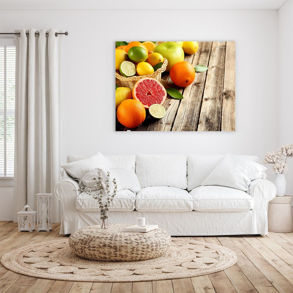 Glasbild Wandbild Zitrusfrüchte auf Holztisch 120x90cm in XXL für Wohnzimmer, Schlafzimmer, Badezimmer, Flur