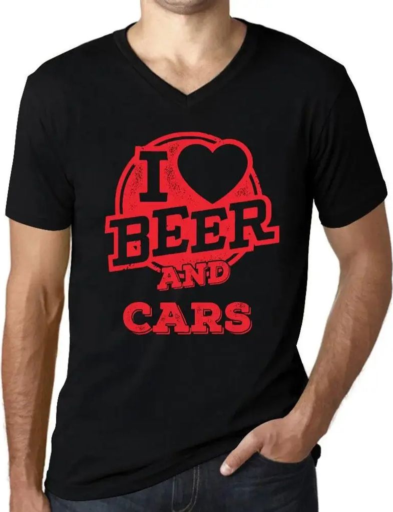 Herren Grafik T-Shirt V-Ausschnitt Ich liebe Bier und Autos – I Love Beer And Cars – Öko-Verantwortlich Vintage Jahrgang Kurzarm Lustige Druck