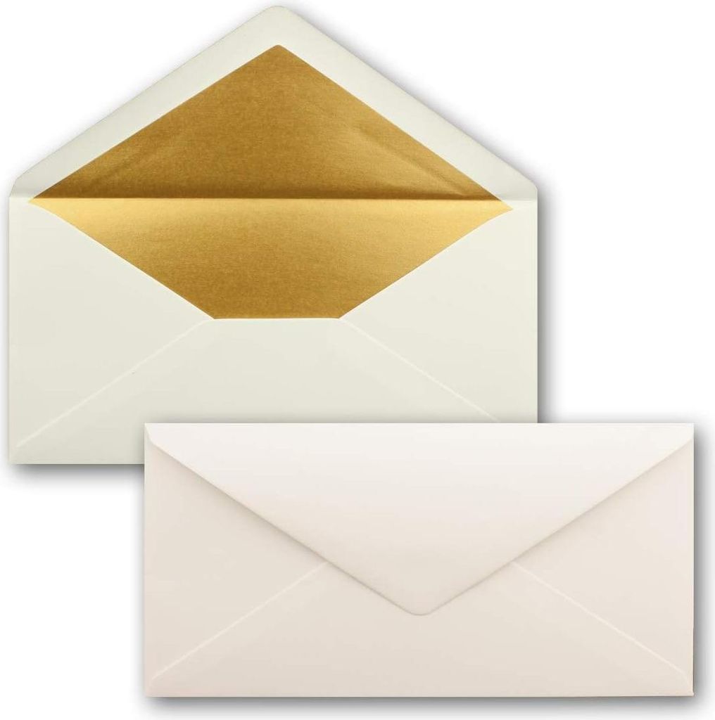 75 Umschläge DIN lang - natürlich weiß mit gold-metallic Innenfutter - 110 x 220 mm - nassklebend - festliche Umschläge für Weihnachten - Auss...