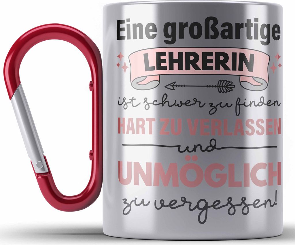 Trendation - Lehrerin Geschenk Edelstahl Tasse Karabiner Geschenkidee Lustig Danke Sprüche Dankeschön Grundschule (Rot)